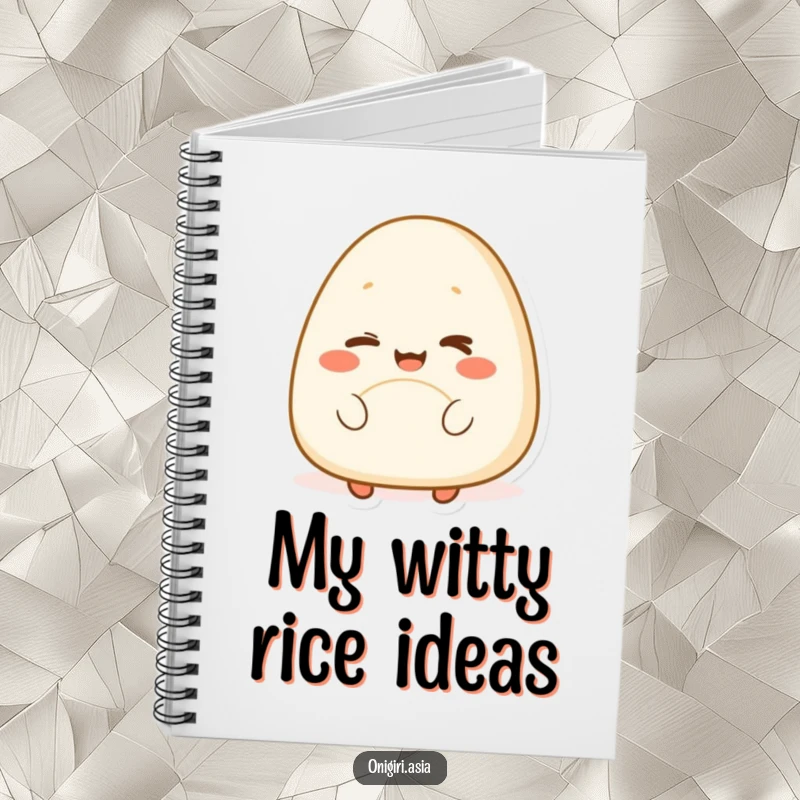 Funny notebook cover featuring a happy onigiri character winking playfully, perfect for jotting down funny food thoughts or recipes.