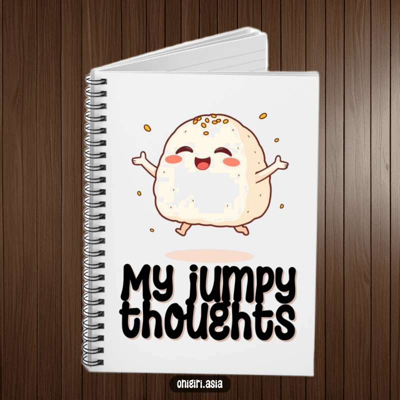 Funny Giggling Onigiri Notebook featuring a rice ball character leaping with joy, perfect for happy notes.