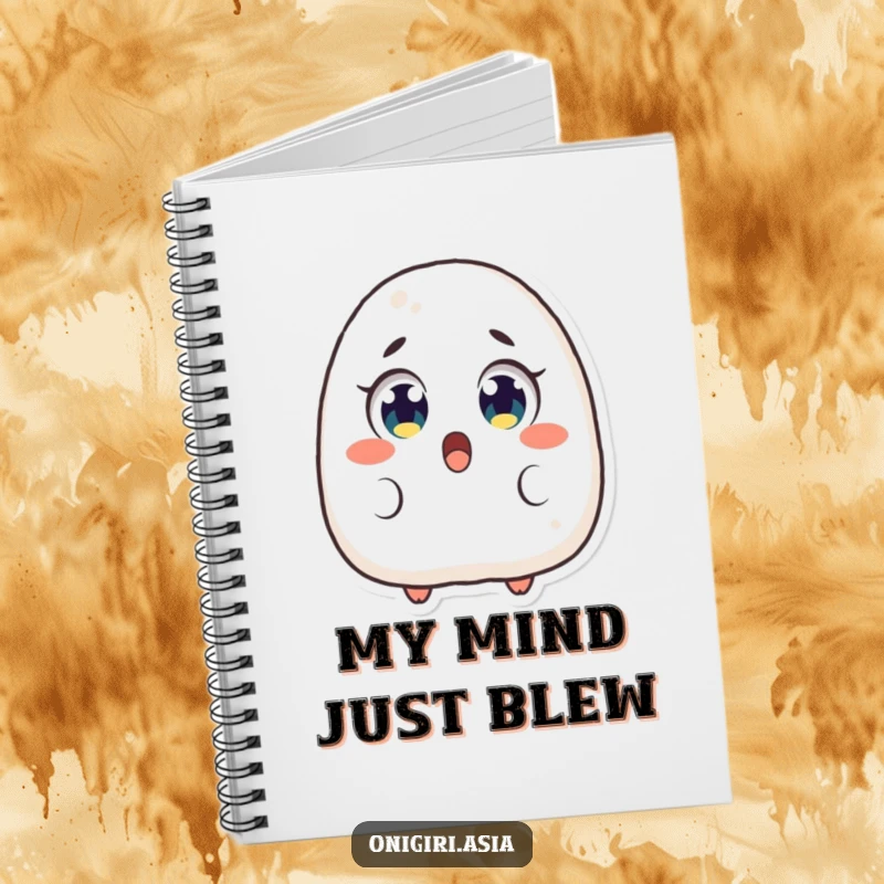 Funny Surprised Onigiri Notebook featuring a rice ball character with comically large, surprised eyes, ideal for note-taking.