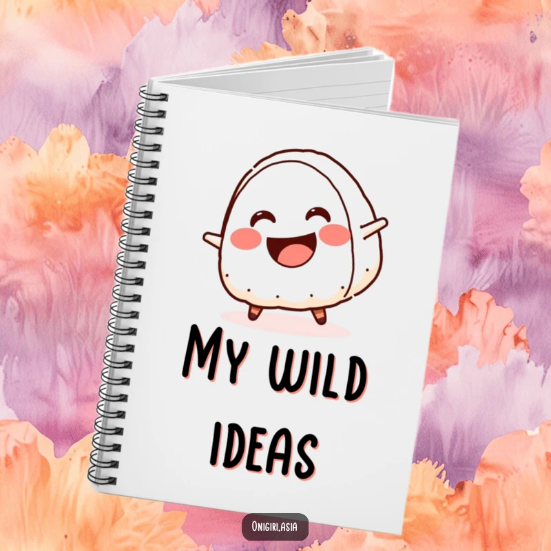 Funny notebook featuring a smiling onigiri with a crescent mouth doing a cartwheel, ready for humorous notes.