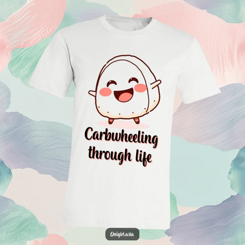 Funny T-shirt depicting a smiling onigiri with a wide crescent mouth doing a cartwheel, showcasing humorous acrobatics.
