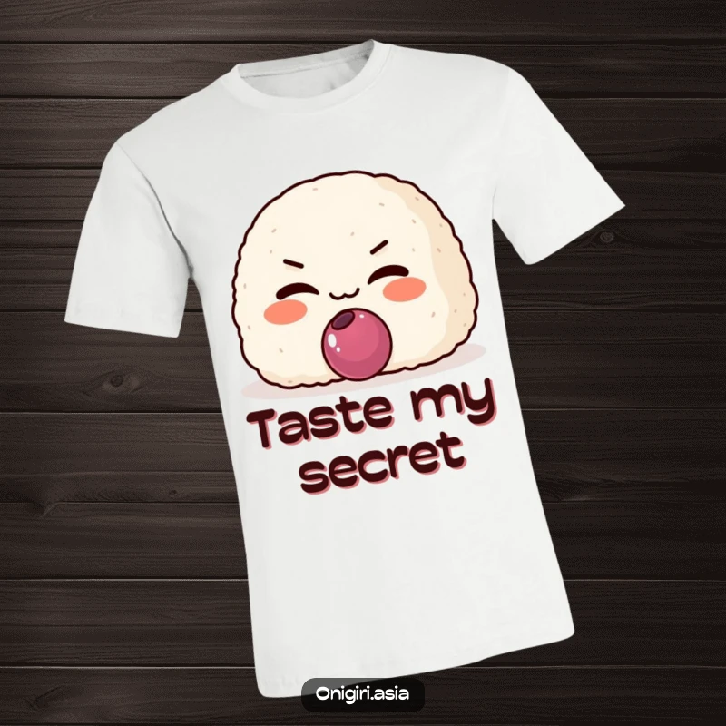 Funny Mischievous Onigiri T-Shirt featuring a grinning rice ball character holding out a tiny plum, hinting at secrets.