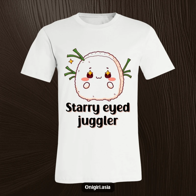 Funny T-shirt depicting an onigiri with starry eyes performing a humorous juggling act with seaweed strips.