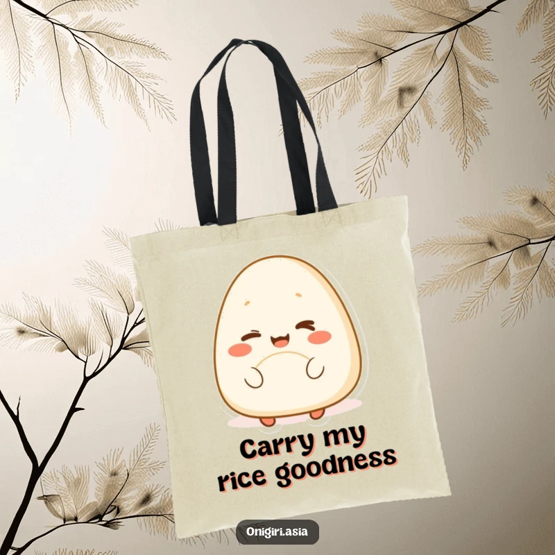 Funny tote bag illustrating a happy onigiri character winking playfully, a humorous and practical accessory for carrying snacks.