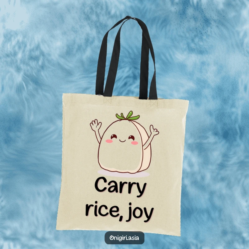 Funny Onigiri Tote Bag: A cheerful rice ball mascot with expressive wavy arms waving enthusiastically, perfect for carrying joy.