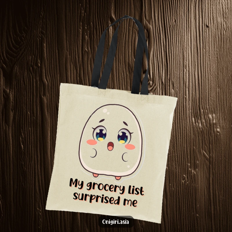 Funny Surprised Onigiri Tote Bag showing a rice ball character with comically wide eyes, ready to hold your treasures.