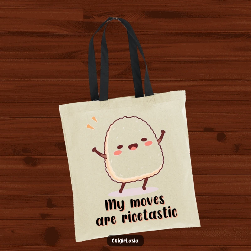 Funny Onigiri Tote Bag featuring a cheerful rice ball character engaged in a hilarious, energetic dance.